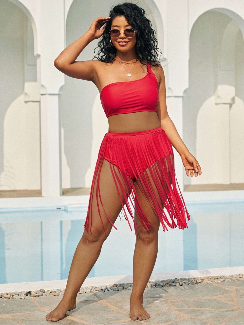 Red Fringe High-Waist Bikini 3 piece set NWOT 2XL